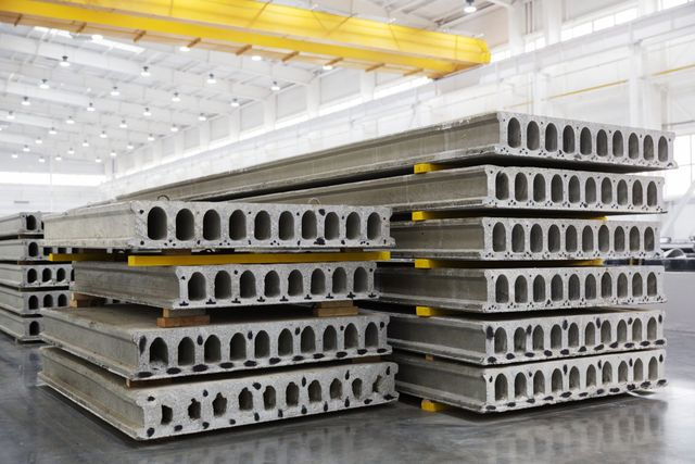 Stacked precast hollow-core concrete slabs in a factory, shown as a structural alternative to a post tension slab for large spans.